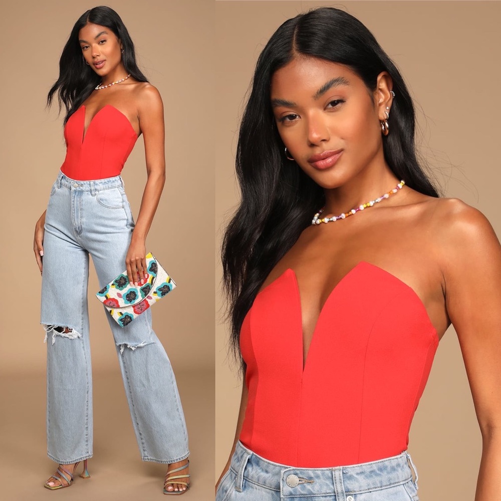 Babe Alert Red Notched Strapless Bodysuit